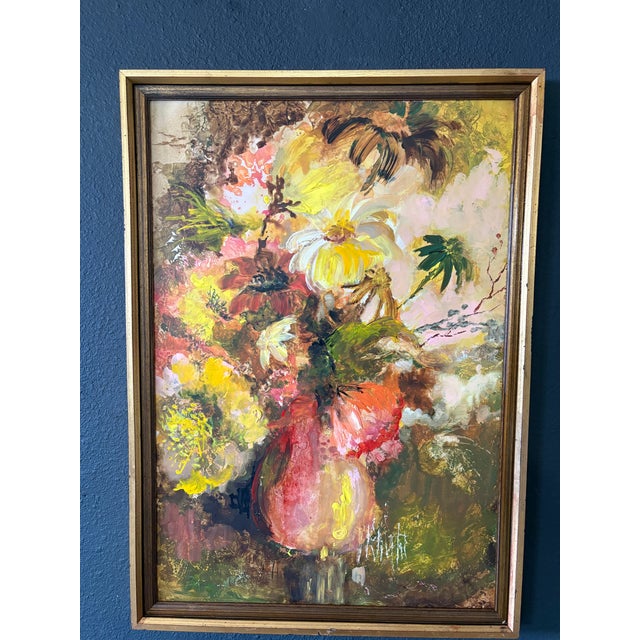 Mid-Century modern Floral abstract acrylic on board , lively blend of bright color palette signed W. Night. This...