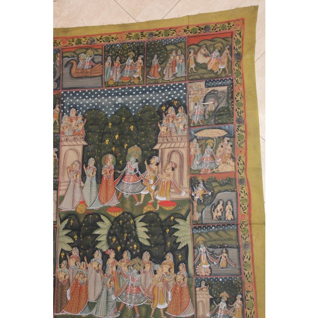 1950s Large Colorful Pichhavai Silk Asian Painting with Krishna and Radha For Sale - Image 5 of 12