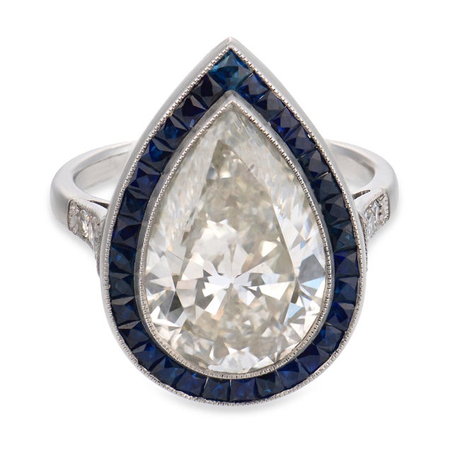 Modern Gia 6.10 Carat Pear Shape Diamond Sapphire Platinum Engagement Ring, Size 6.75 For Sale - Image 3 of 8