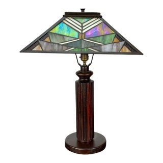 Antique Arts & Crafts Slag Glass Oak Table Lamp For Sale