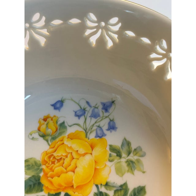 Yellow 1990s Lenox "Victorian Rose" Pattern Reticulated Central Floral Design 9.5" Diameter Centerpiece/Serving Bowl For Sale - Image 8 of 14