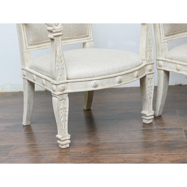 Pair of French 1920s Painted Armchairs with Carved Details and Linen Upholstery For Sale In Atlanta - Image 6 of 11