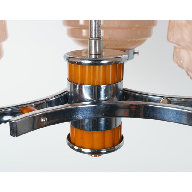 Art Deco Bakelite, Chrome & Pink Glass 3-Arm Chandelier, 1930s For Sale - Image 4 of 6