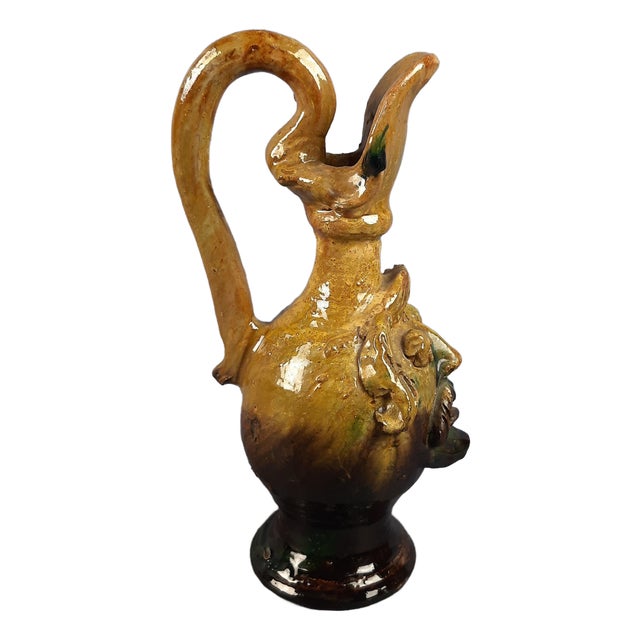 Vintage Terracotta Jug with Majolica Anthropomorphic Face, 1930s For Sale