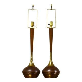 Walnut and Brass Table Lamps - a Pair For Sale