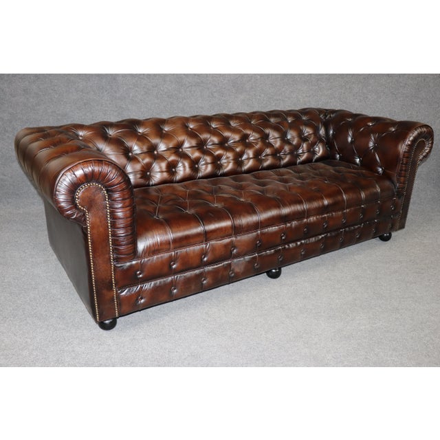 2010s English Remington Brown Custom Made Leather Tufted Chesterfield Sofa 7ft For Sale - Image 5 of 11