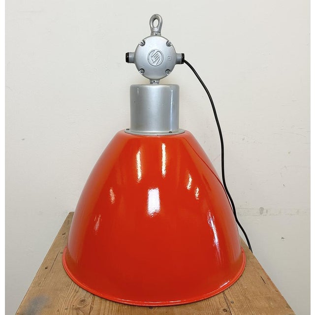 Large Industrial Red Painted Factory Lamp from Elektrosvit, 1960s For Sale - Image 10 of 16