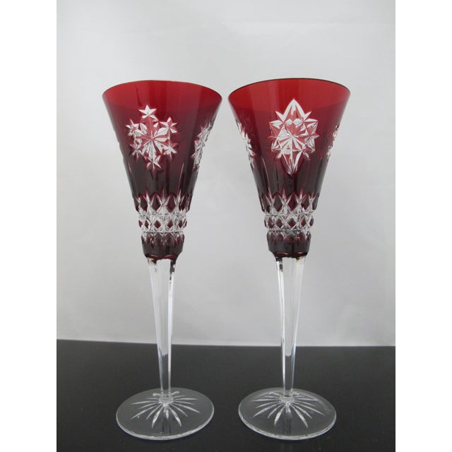 Waterford Waterford Red Snowflake Crystals 9 3/8" Fluted Champagne Glass Set of 2 For Sale - Image 4 of 13