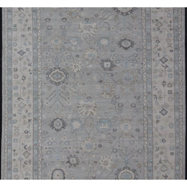 Traditional Large Modern Oushak Design in Light Blue, Grey, With Light Cream Background 13'4 X 19'3 For Sale - Image 3 of 12