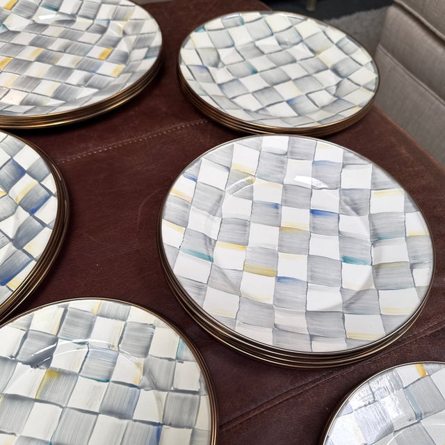 Metal Mackenzie Childs Enamelware Sterling Check Dinnerware, Set of Twenty-Six For Sale - Image 7 of 12