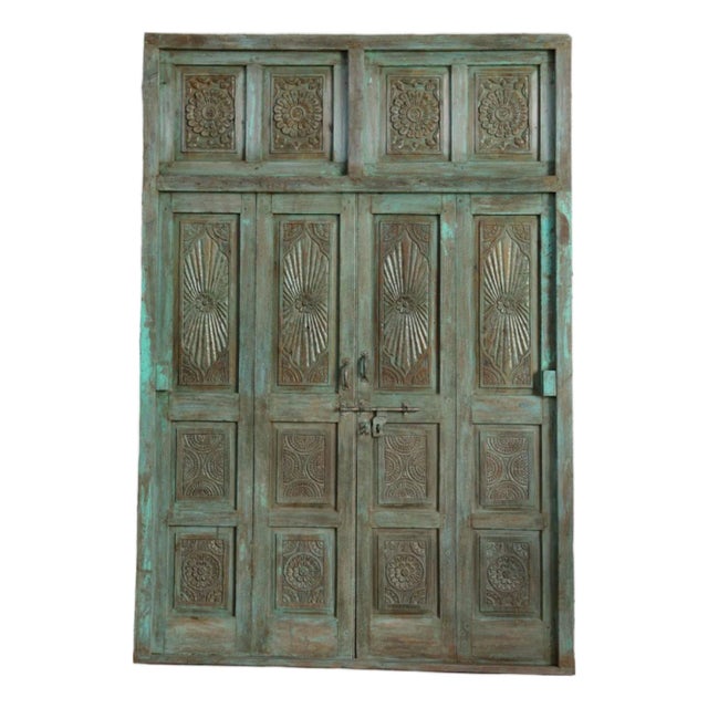 Antique Green Carved Door Teak Wood Double Door Hinged Garden Door 98x69 For Sale