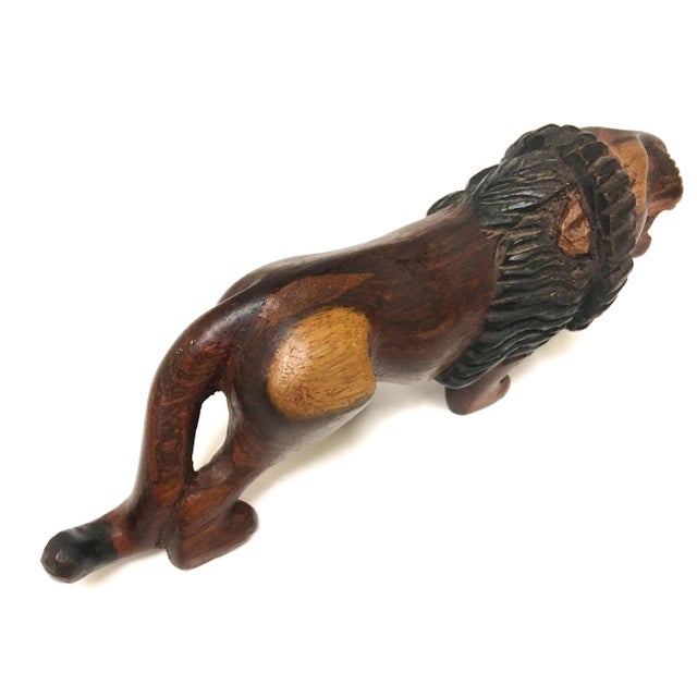Vintage Hand Carved Wood Lion Statue Wild Cat Animal Wood Sculpture For Sale - Image 4 of 5