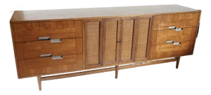 1960s Merton Gershun for American of Martinsville Mid Century Long Walnut and Cane Lowboy Dresser