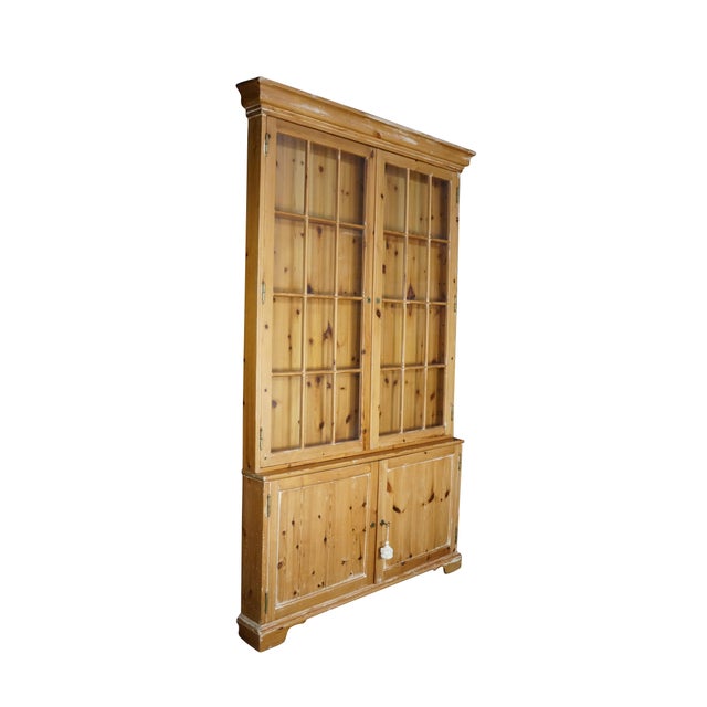 Farmhouse Late 20th Century Rare English Knotty Pine Shallow Glazed Glass China Display Cabinet Cupboard 95" For Sale - Image 3 of 18