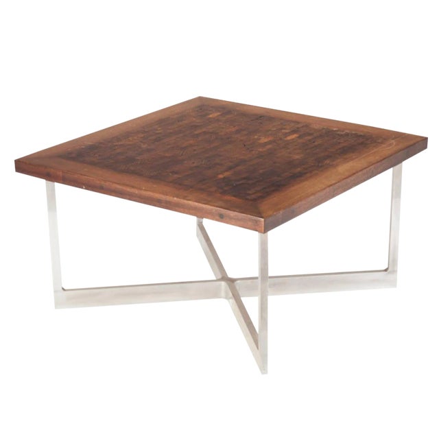Milo Baughman Style Industrial Modern Walnut End Grain Mosaic Chrome X Frame Coffee Table For Sale