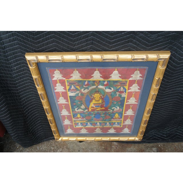 Vintage Tibetan Buddha Thangka Painting Swans Flowers Figures Faux Bamboo Frame For Sale - Image 9 of 10