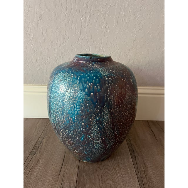 Raku Studio Pottery Vase Copper Blue Luster Glaze Signed For Sale - Image 4 of 7