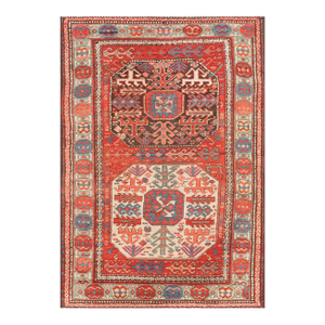 Exceptional Red Scarlet Color and Symmetrical Designs With Different Colors Antique Caucasian-Kazak Rug