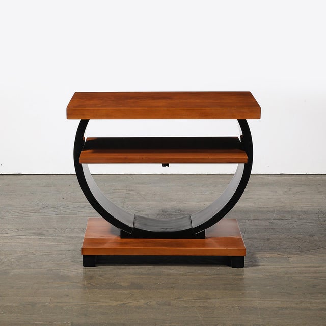 Pair of Art Deco Machine Age Two-Tier Side Tables in Walnut & Black Lacquer For Sale - Image 14 of 18