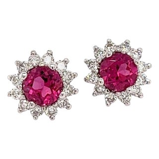 Diamond Rubellite Tourmaline Earrings 14k Gold 1.36 Tcw Certified For Sale