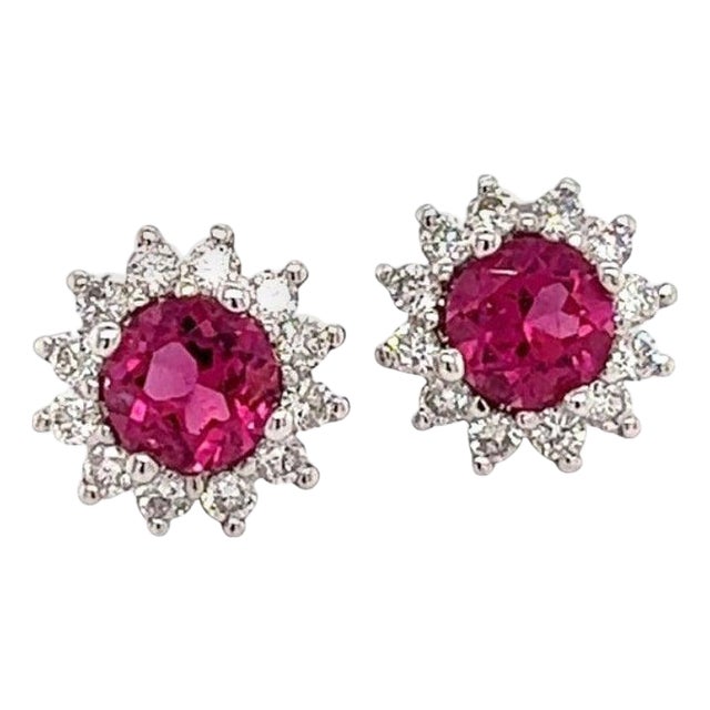 Diamond Rubellite Tourmaline Earrings 14k Gold 1.36 Tcw Certified For Sale