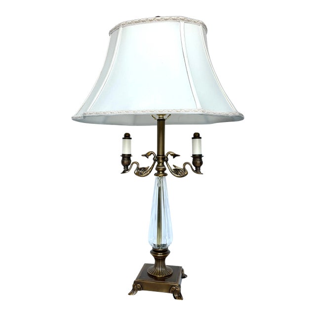Vintage Brass Swan Candelabra Lamp With Shade For Sale