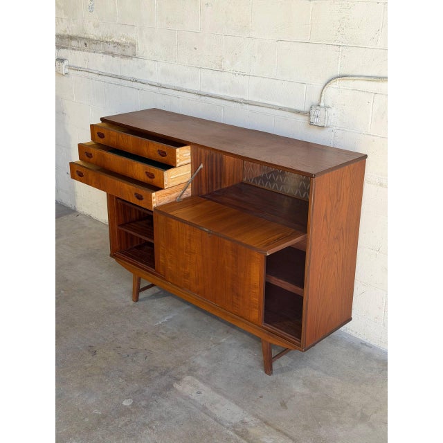 1960s Vintage Danish Modern Teak Secretary Sideboard Cabinet With Drop Front Bar 1960s For Sale - Image 5 of 10
