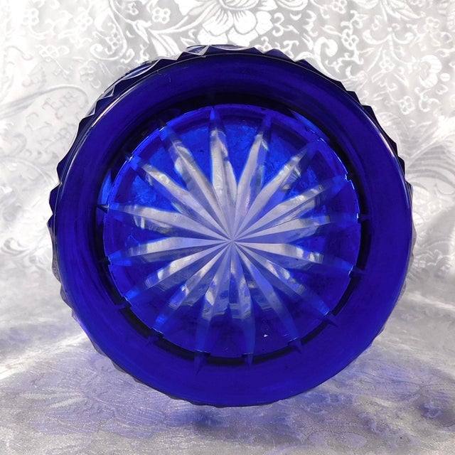 Glass Large Blue Cut to Clear Vase For Sale - Image 7 of 7