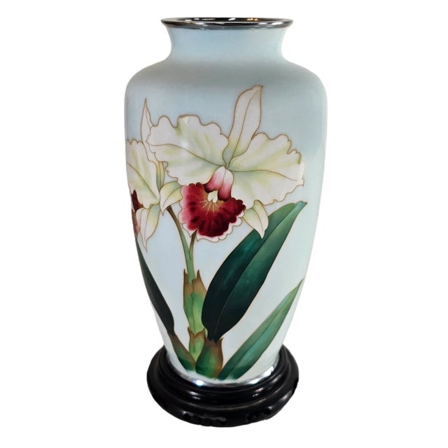 Japanese Ando Cloisonné Iris Vase on Silver Body, Dated Showa 1961, With Stand, 8.75" For Sale - Image 4 of 10