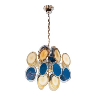 Modernist Chrome Chandelier in Handblown Murano Cerulean & Yellow Vistosi Discs For Sale