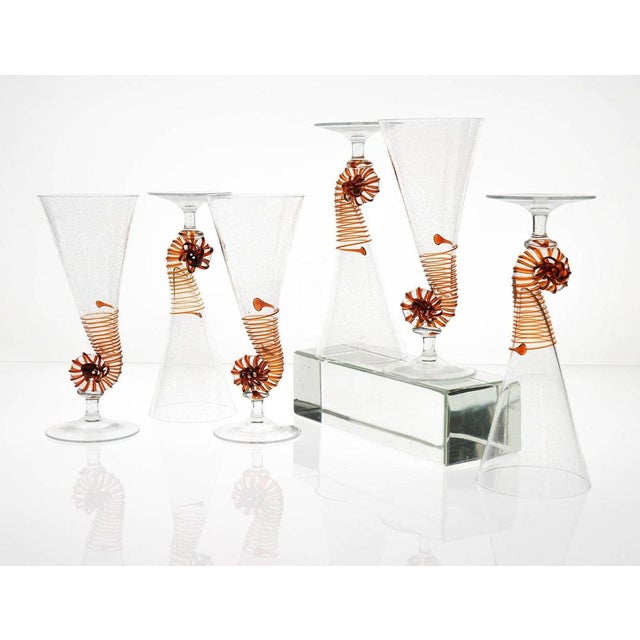 Amber Murano Glass and Pulegoso Nautilus Flutes from Cenedese, 1950s, Set of 6 For Sale - Image 14 of 18