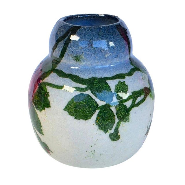 Vintage Hand-Painted Floral Art Pottery Petite Vase With Crazed Glaze For Sale In Los Angeles - Image 6 of 16
