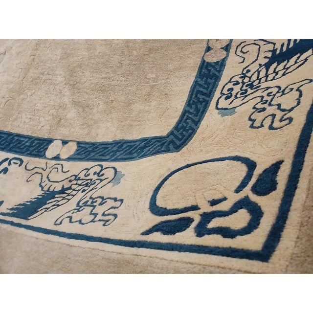 1930s Ivory Minimalist Solid Open Field Antique Chinese Dragon Peking Deco Rug For Sale - Image 4 of 9