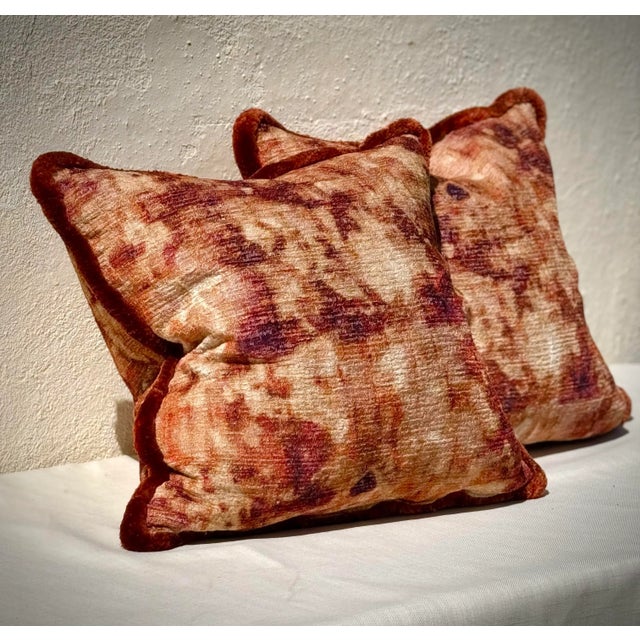 Bespoke Sofa Pillows: Pair New Pillows: Sumptuous Variegated Orange Boucle Velvet With Triple Ply Silk Moss Fringe. 50/50 Down Fill All New For Sale - Image 4 of 12