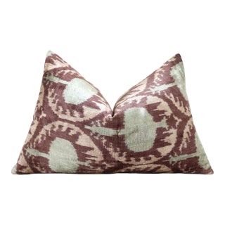 Handmade Velvet Ikat Lumbar Pillow 16x24 | Dusty Rose & Sage Medallion For Sale