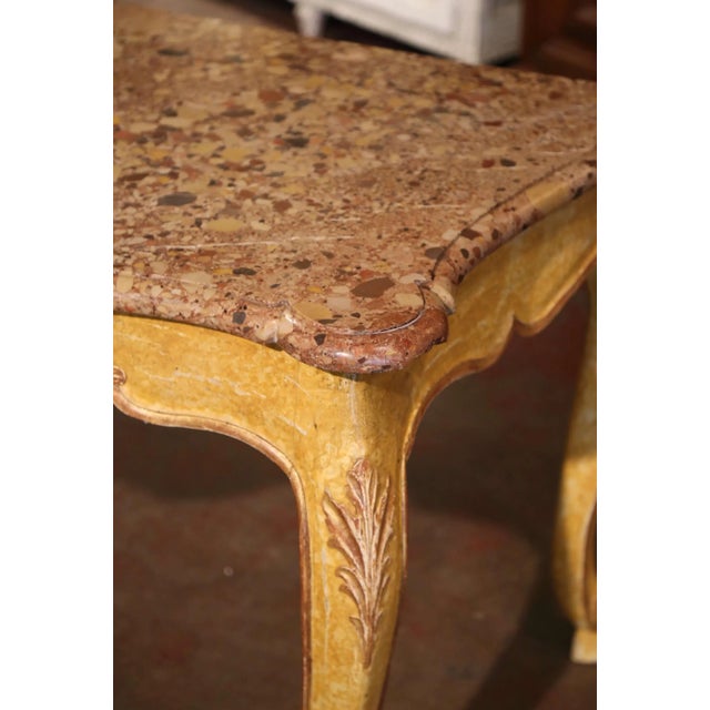Canary Yellow 19th Century French Louis XV Provencal Marble Top Carved Painted Console Table For Sale - Image 8 of 13