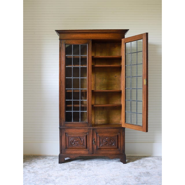 Brown Antique English Oak Leaded Glass Bookcase, Cabinet For Sale - Image 8 of 10