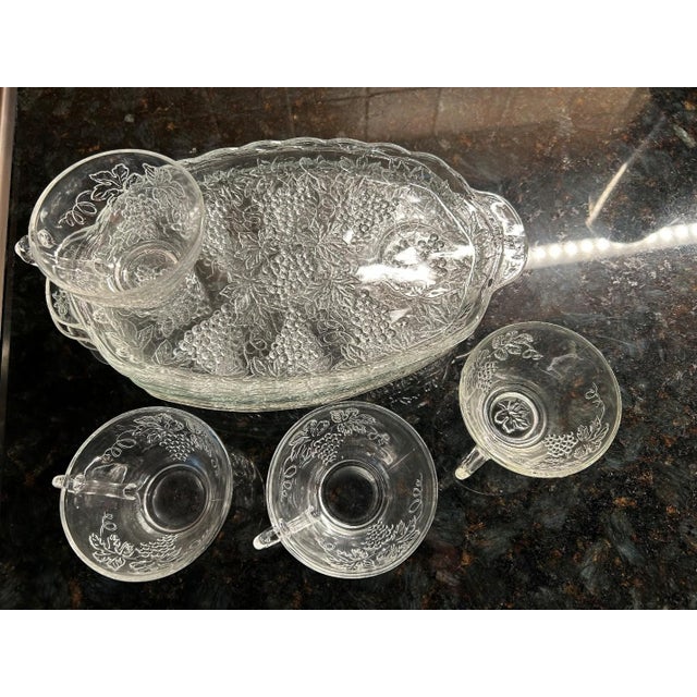 Mid-Century Modern Vintage Mid-Century Modern Anchor Hocking "Grape & Leaf" Clear Pressed Glass Snack Sets For Sale - Image 3 of 4