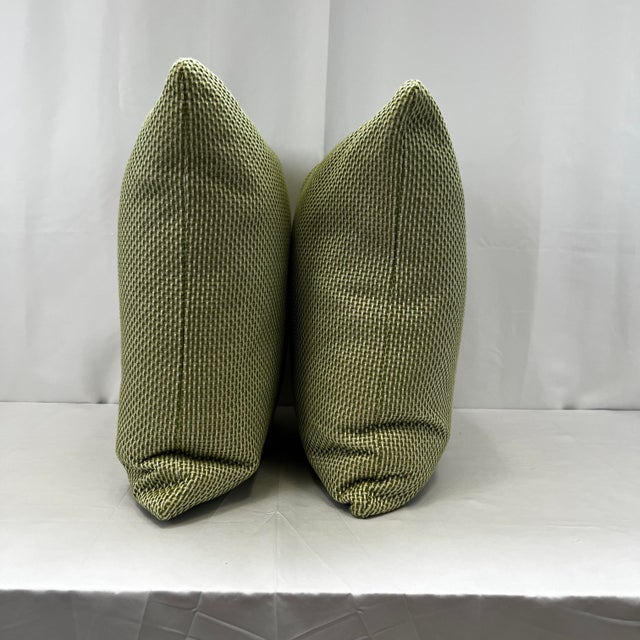 Custom-tailored 20”x20” feather/down pillows in beautiful green and beige woven basketweave fabric. Hidden zipper...