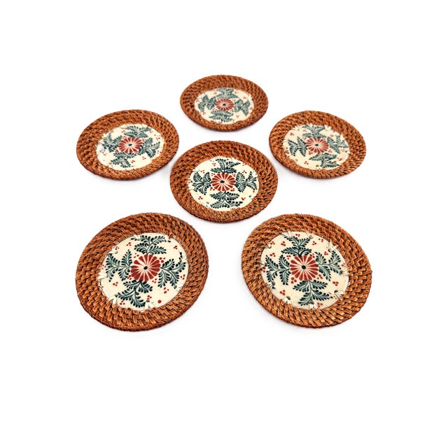 Wood Asian Modern Bat Trang Vietnamese Rattan & Ceramic Coasters With Hand Painted Floral Motif - Set of 6 For Sale - Image 7 of 9