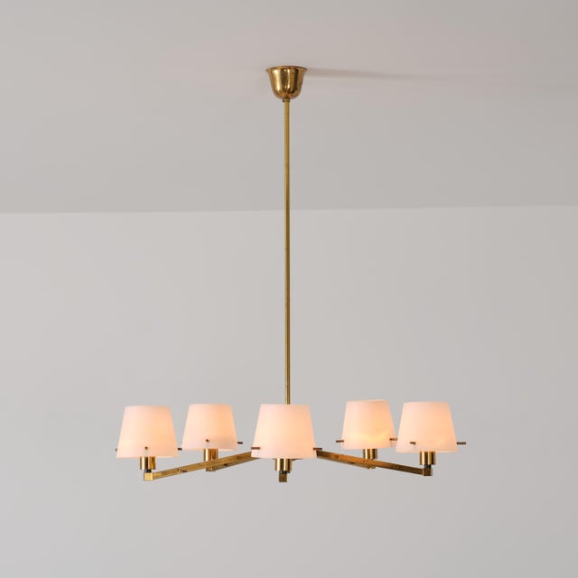 Metal Vintage Italian Brass and Opaline Glass Chandelier, 1950s For Sale - Image 7 of 13