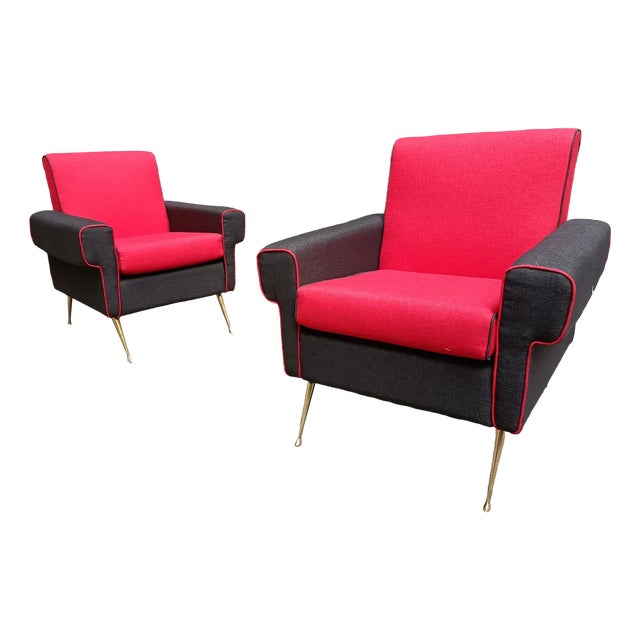Set of Armchairs in Red and Black with Brass Legs, 1950s For Sale