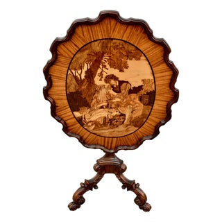 Vintage Black Forest Walnut Tilt Top Table Marquetry Wood Inlay For Sale