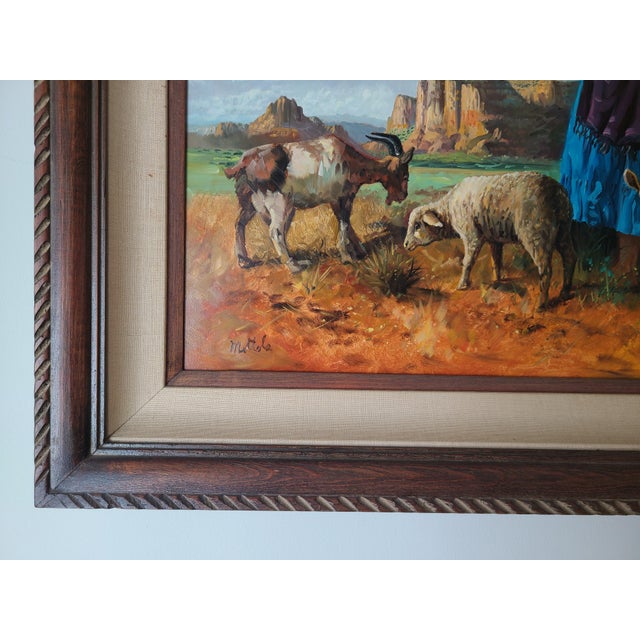 1970s Filastro Mottola Pastoral Oil Painting Native American Navajo Girl Sheep Desert For Sale - Image 11 of 15