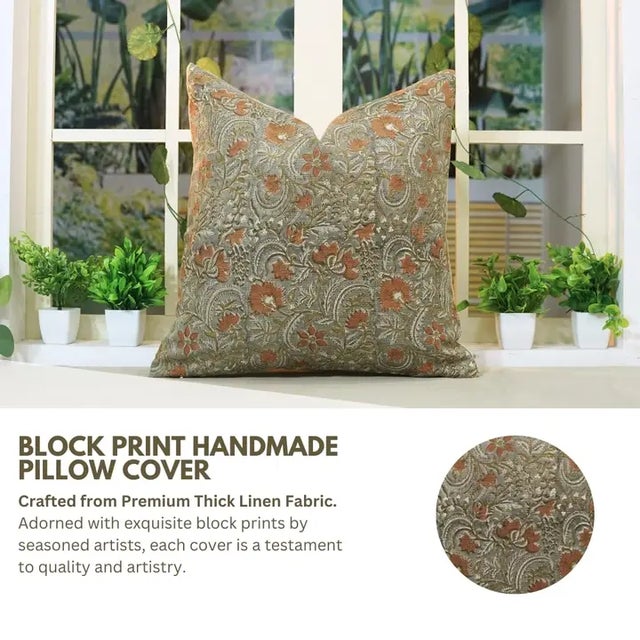 Infuse your living space with artisanal beauty using this handmade block print cushion cover, featuring the graceful...