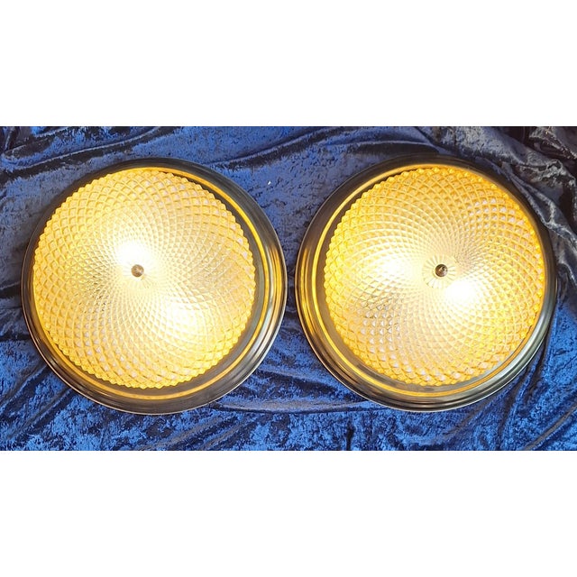 Metal Vintage Ceiling Lamps with Brass Rim and Relief Glass Shade, 1970s, Set of 2 For Sale - Image 7 of 7