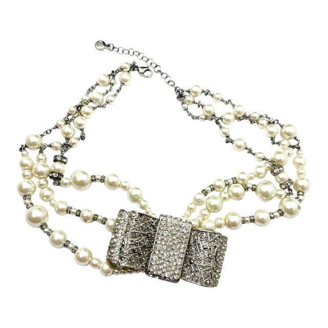 Chanel Rare Silver Large Bow Crystal 3 Strand Pearl Necklace For Sale