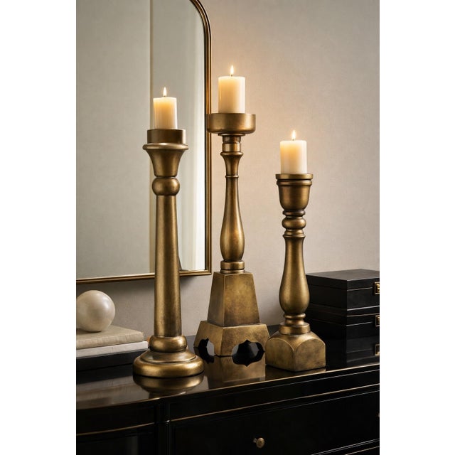 Late 20th Century Monumental Sculptural Brass Floor Candlesticks, Set of 3 — Neoclassical Column Forms in Aged Sunlit Gold Finish (33”–36.5”) For Sale - Image 5 of 7