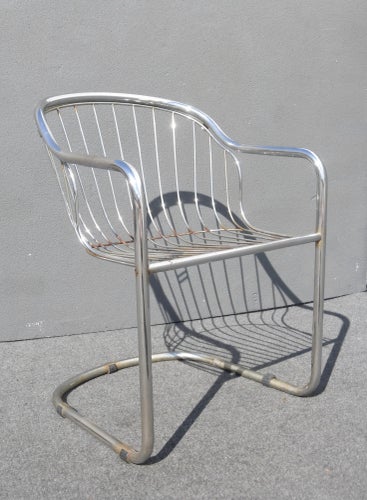 Vintage Designer Cantilever Tubular Chrome Chairs With Wire Seat Back