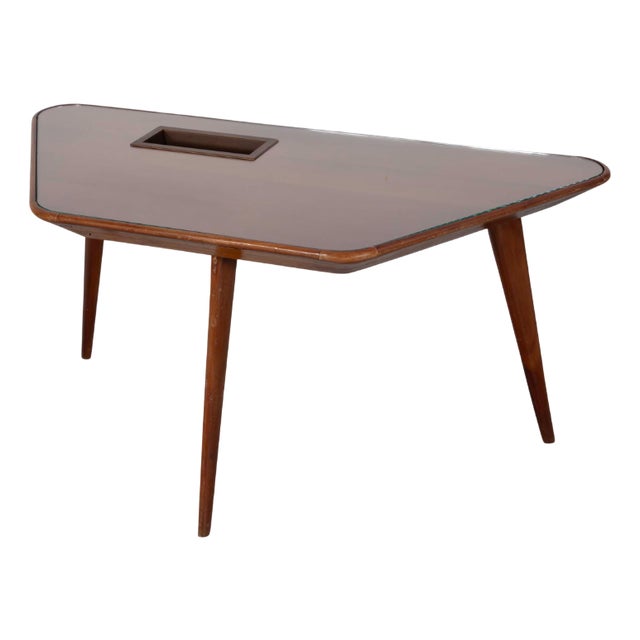 Coffee Table with Inlaid Glass Top and Copper Bowl, 1950s For Sale